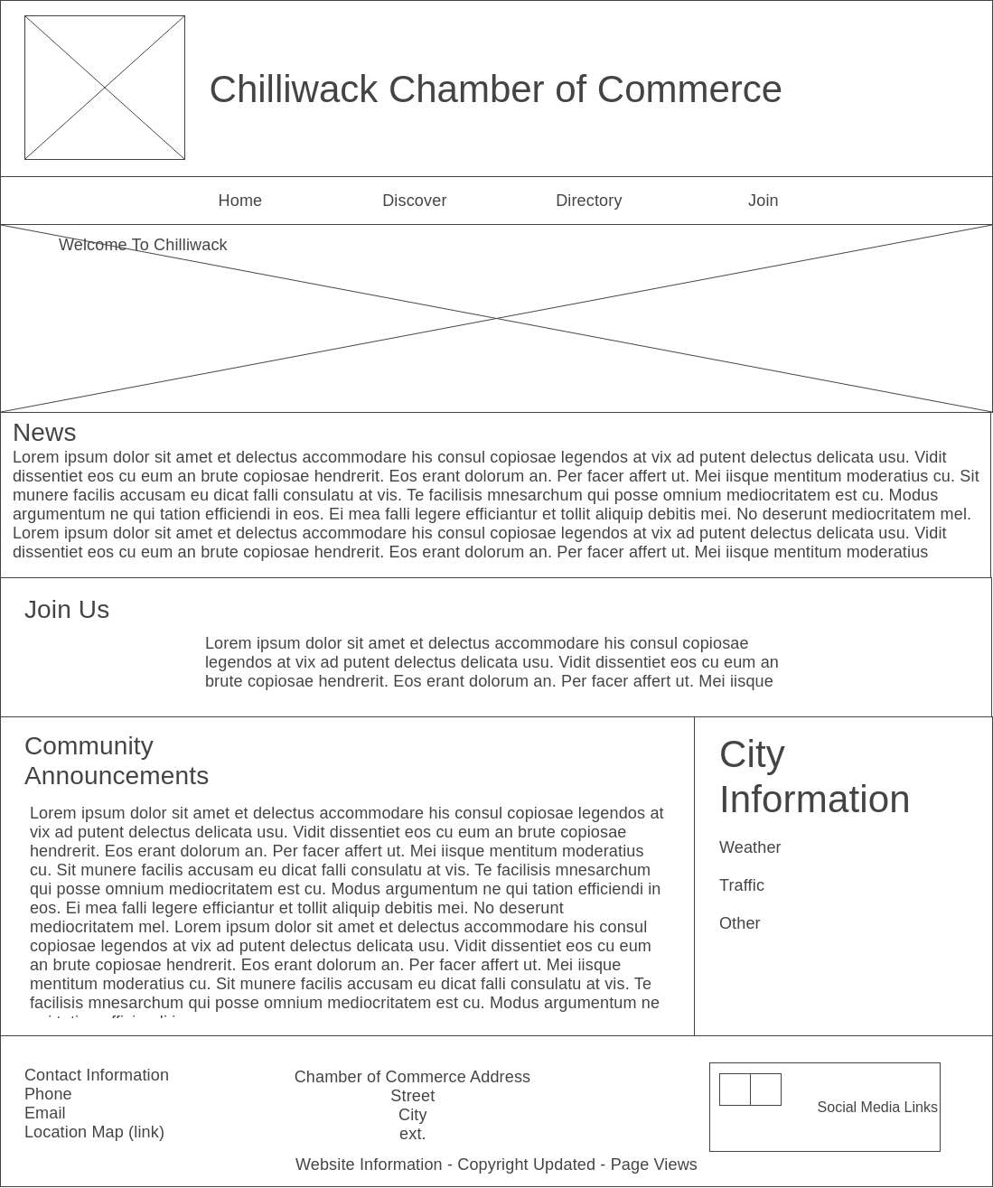 Wireframe Diagram Desktop View of Chamber of Commerce Site