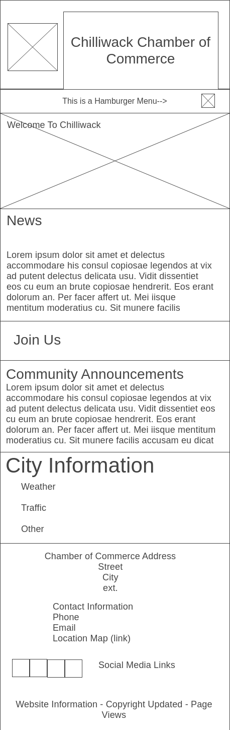 Wireframe Diagram Mobile View of Chamber of Commerce Site